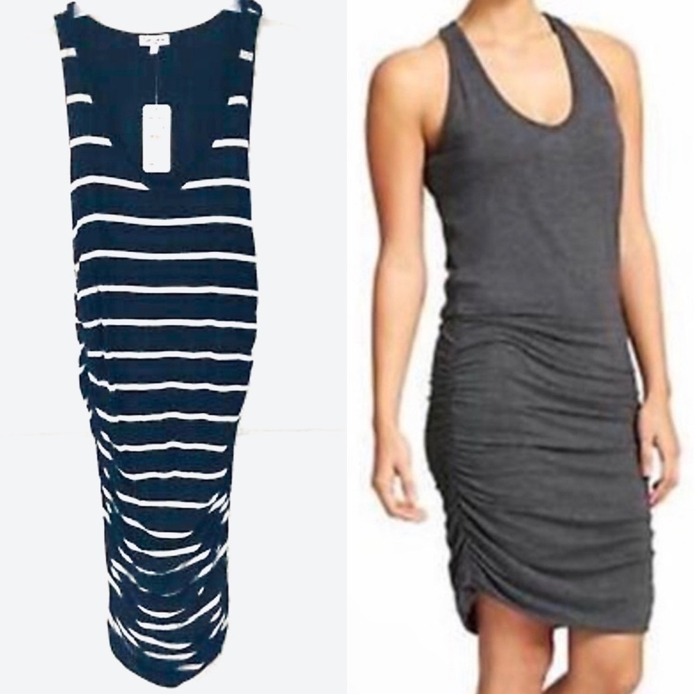 New Splendid Black & White Striped Side Ruched Stretchy Tank Dress